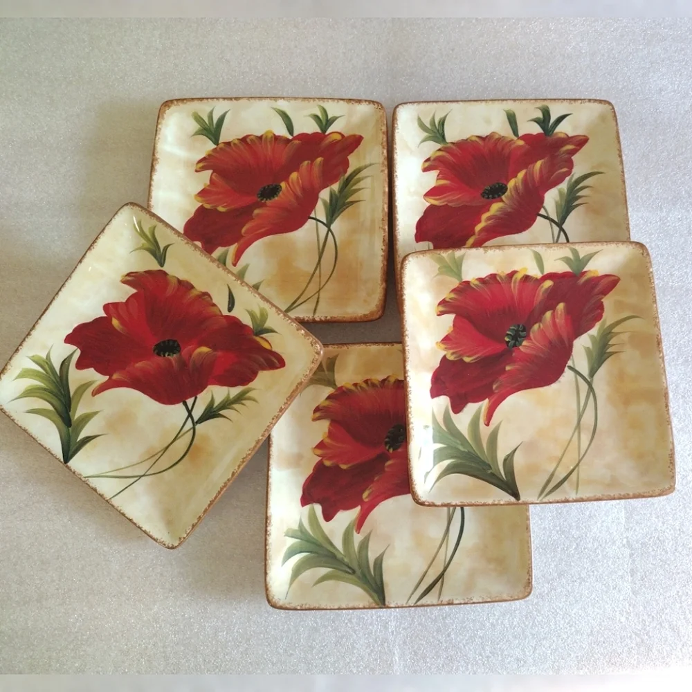 5-Piece Pier 1 Hand Painted Poppies Eartheneware Square Salad Appetizer Plates